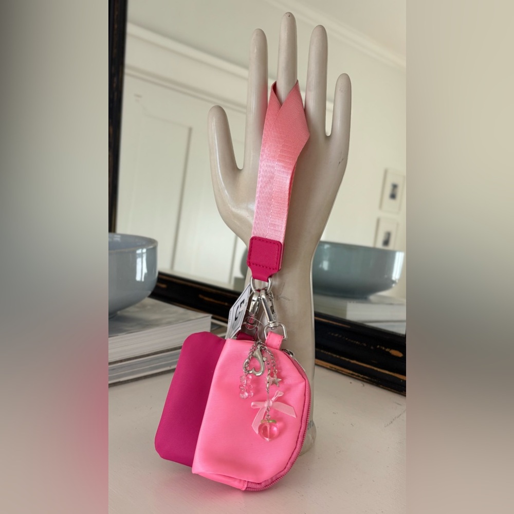 Double Purse Wristlet Keychain with Gummy Bear, Peach, Silver Heart, Bag Charm - Picture 12 of 12